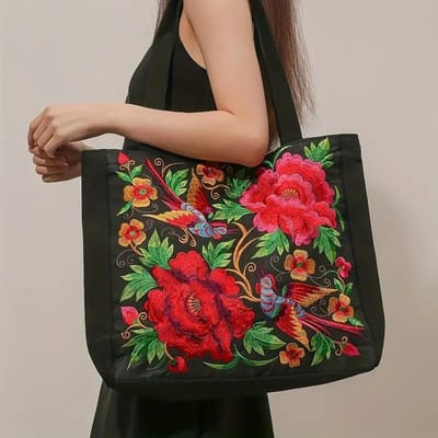 Canvas draagtas met bloemborduurwerk, schoudertas in etnische stijl, handtas met grote capaciteit voor dames red