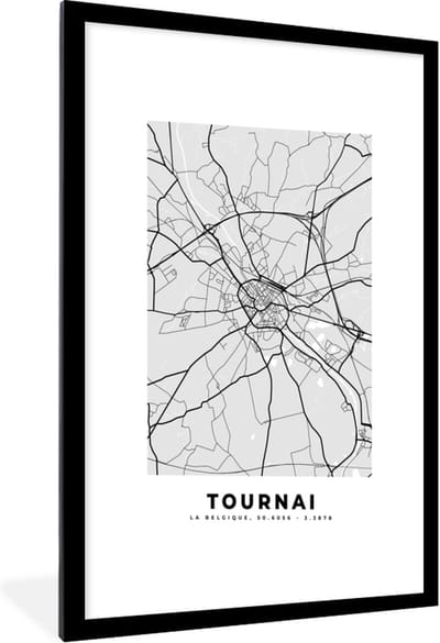 Fotolijst incl. Poster Zwart Wit- Stadskaart – Plattegrond – België – Zwart Wit – Tournai – Kaart - 60x90 cm - Posterlijst