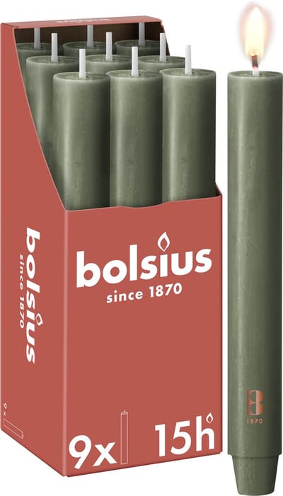 Bolsius - 9 Dinerkaarsen Rustiek Extra Breed - Olijfgroen - 23 cm - Diameter 3 cm - 15 Branduren