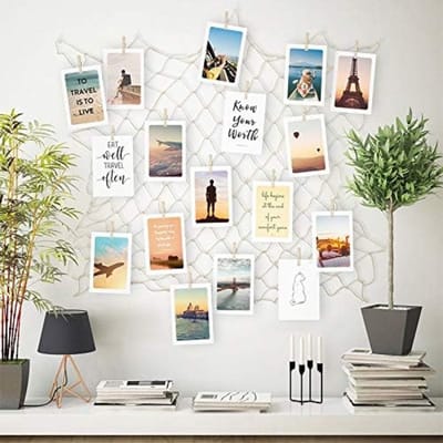 PromoHome DIY Fotolijsten Collage Wanddecoratie Set - Visnet Foto Muur met 40 Houten Klemmen en 10 Onzichtbare Nagels - Opknoping Foto Weergave Wanddecoratie voor Kamer, Woonkamer, Bruiloften en Feesten (60x60cm)