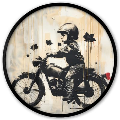 Poster in lijst Rond - Fotolijst 40x40 cm - Posters - Street art - Motor - Jongen - Graffiti - Banksy Style - Ronde posterlijst zwart - Decoratie - Wanddecoratie woonkamer - Muurdecoratie slaapkamer