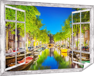 Gards Tuinposter Doorkijk Amsterdamse Gracht in de Nacht - 180x120 cm - Tuindoek - Tuindecoratie - Wanddecoratie buiten - Tuinschilderij