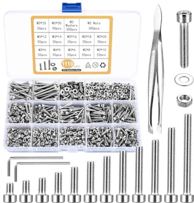Dailygoods - Set van 1110 stuks M3 schroeven en moeren - Zeskantschroeven - Roestvrij staal - Zilverkleurig - Schroefdraadschroeven - Geschikt voor el...