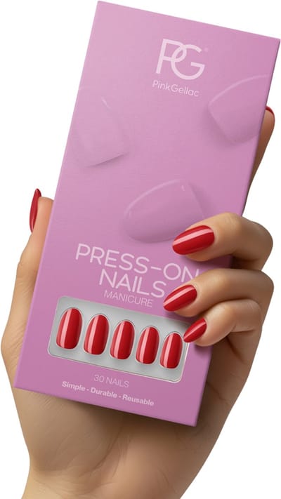 Pink Gellac Press On Nails - 109 Lipstick Red - Round Medium Plaknagels - 30 Press On Nagels Met Lijm, 30 Plakstickers, Cleaner Wipe, Nagelvijl, Woodstick en Size Matcher - Snel Aan Te Brengen Plak Nagels - Voor 7-14 Dagen Mooie Nagels