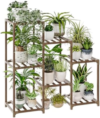 PromoHome Plantenstandaard voor 7 Potten - Houten Meerdere Planten Rek Ladder Standaard voor Binnen en Buiten - Balkon Tuin Raam Woonkamer Decoratie - Bruin