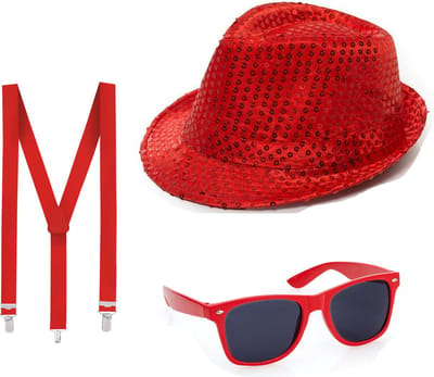Folat - Verkleedkleding set - Glitter hoed/bretels/party bril rood