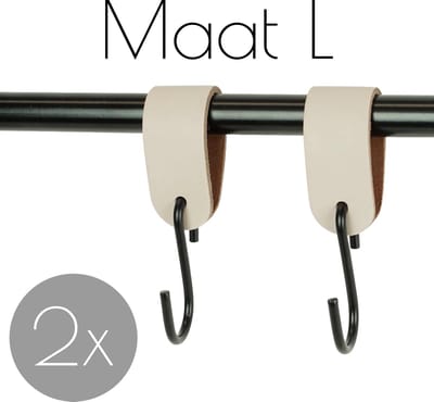 2x Leren S-haak hangers - Handles and more® | CREME - maat L (Leren S-haken - S haken - handdoekkaakje - kapstokhaak - ophanghaken)
