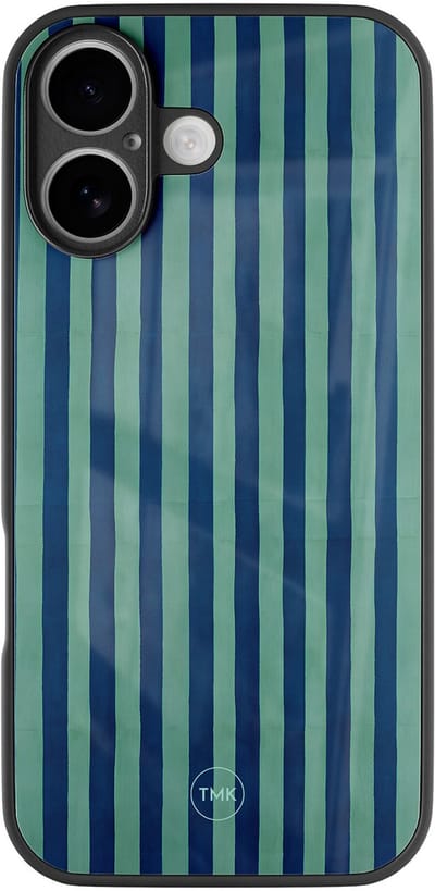 Hoesje geschikt voor Apple iPhone 16 - Blauwe strepen - Blauw - TPU luxe case (glossy toplaag) - Gestreept - Hardcase backcover zwart