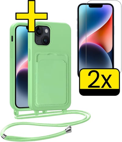 Hoesje Geschikt voor iPhone 13 Telefoonhoesje Met Koord Case Pashouder Met 2x Screenprotector Siliconen - Hoes Geschikt voor iPhone 13 Hoesje Met Kaarthouder - Groen