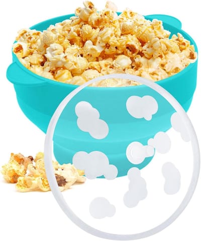 Siliconen Popcorn Popper - Opvouwbare Kom - Filmavond Thuis - Inclusief Deksel - 24 x 20 cm - Cyaan
