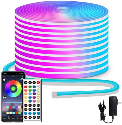 10M RGB LED neon touwverlichting LED neon stripverlichting met afstandsbediening/app-bediening IP65 24V waterdichte flexibele neon LED stripverlichting, led-verlichting voor slaapkamer en buitendecoratie.