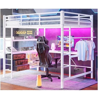 ModernLuxe Hoogslaper 140x200cm met LED en stopcontacten - bureau met 3 lades en plank - Wit