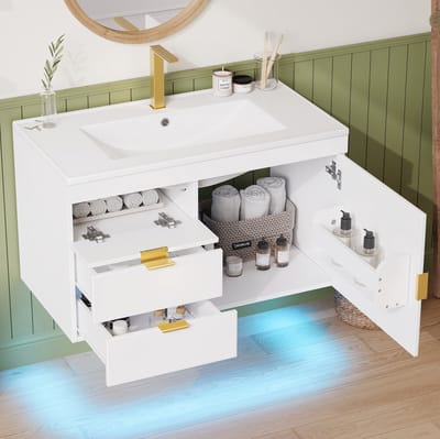 HAUSS SPOLE Badkamermeubel - Wandhangend Met Led En App Bediening - Met Keramische Wastafel En Softclose - MDF - 76 x 46 x 51 cm - Wit
