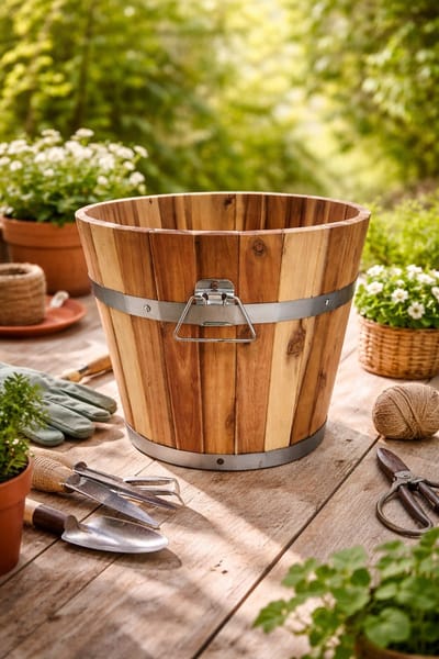 Acacia Kuip met handgrepen D20xH17 / Houten Plantenbak / Bloembak / Bloempot / Decoratie / Klein /FSC