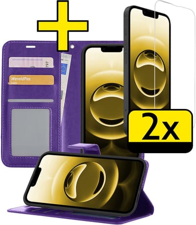 Hoesje - Met 2x Screenprotector - Geschikt voor Apple iPhone 16e - Luxe Pasjeshouder - Bookcase Portemonee - Flip Case - Kunstleer Book Case - Flipcase Hoes - Book Cover - Walletcase - Portemonneehoes - Telefoonhoesjes - Paars