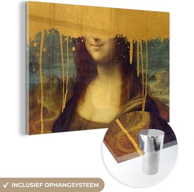 MuchoWow® Glasschilderij 120x80 cm - Schilderij acrylglas - Mona Lisa - Goud - Da Vinci - Foto op glas - Schilderijen