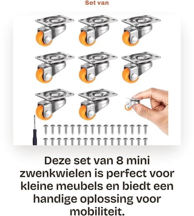 Dailygoods- Zwenkwielen Set van 8 - Mini Wielen - Meubelwielen met Schroeven - Slijtvast PP-Materiaal - 360 Graden Rotatie - Eenvoudige Installatie