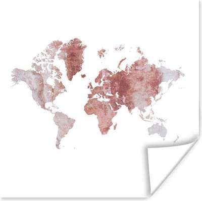 Poster 30x30 cm - Wereldkaart - Rood - Grijs - Posters - Kamer decoratie - Wanddecoratie woonkamer - Muurdecoratie slaapkamer