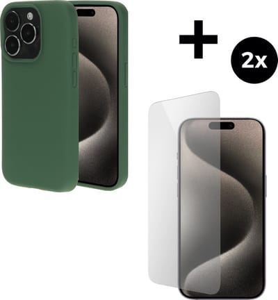 Mobiparts Silicone Cover hoesje geschikt voor Apple iPhone 15 Pro met 2 Screenprotectors van Gehard Glas - Groen