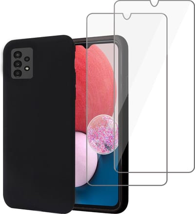Hoesje geschikt voor Samsung A13 4G + 2x Screenprotector – Tempered Glass - Liquid Back Case Cover Zwart