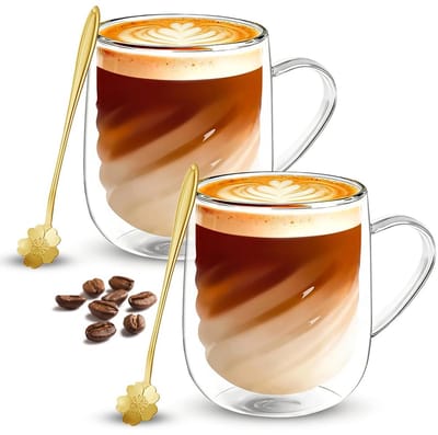 koffieglazen, 350 ml, latte macchiato-glazen, theeglazen met lepels, thermoglazen, dubbelwandig, voor cappuccino, thee, espresso, melk, bier (2)