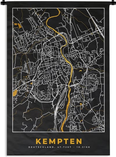 Wandkleed - Wanddoek - Stadskaart – Plattegrond – Duitsland – Goud – Kempten – Kaart - 120x180 cm - Wandtapijt