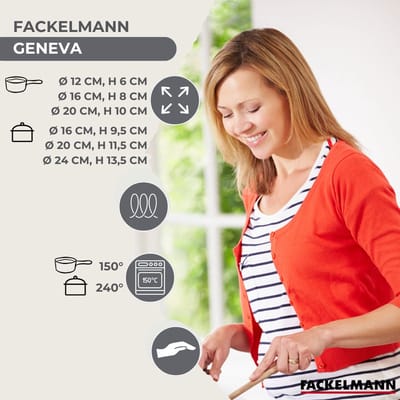 Set van 3 roestvrijstalen steelpannen 12 16 20 cm en 3 roestvrijstalen braadpannen 16, 20 en 24 cm en 6 Fackelmann Geneva keukengerei