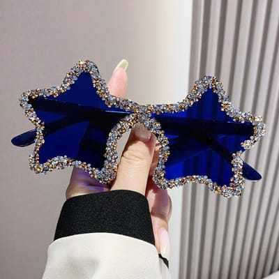Vijfpuntige Ster Diamant Frameloze Zonnebril Dames Modieus en Gepersonaliseerd Fotoshoot Zonnebril Overdreven Dansfeest [Source factory straight hair]