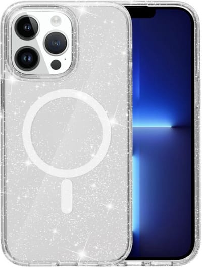 YPCd Glitter Hoesje met MagSafe voor Apple iPhone 14 Pro – Shockproof TPU Backcover – Verhoogde Randen – Transparant