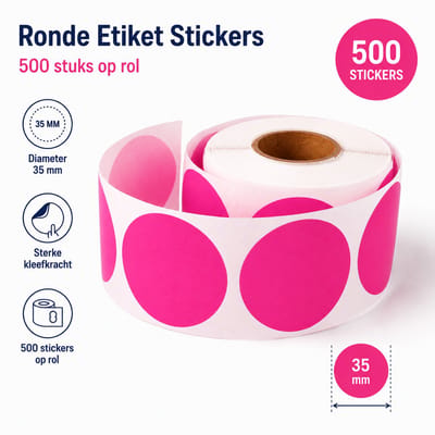 500 Etiketten Rond Roze Stickers 35 mm op Rol - Label Blanco Stickers Gekleurd - Sluitzegel - Dappaz