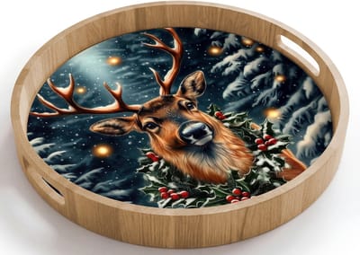 Dienblad rond 40x40 cm - Schootdienblad hout - Kerst - Magie - Bos - Kleurrijk - Borrelplank rechthoek - Plateau houten dienbladen