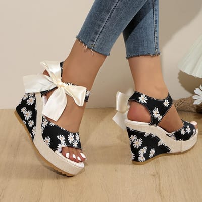 Grote Maat 35-42 Boheemse Plateau Sleehak Hoge Hak Open Neus Sandalen Dikke Zool Bloemenprint Lint Strandschoenen voor Dames 42