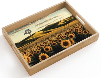 Dienblad hout 40x30 cm - Schootdienblad - Zonnebloem - Veld - Windmolen - Borrelplank rechthoek - Plateau dienbladen