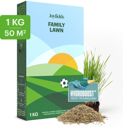 Joyfields Family Lawn - Speel- en sportgazon graszaad - 1 kg voor 50 m² - Snelle vestiging en dichte zode - Zelfherstellend gazon - Voor inzaai en doorzaai - Met Hydroboost-coating