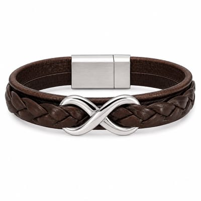 Mbrace Luxe Lederen Heren Armband - Gevlochten Nappa Leer & RVS - Infinity Symbool - Bruin - Maat L (21,5 cm)