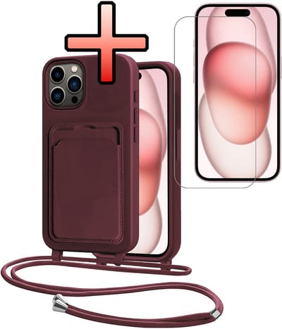 Hoes Geschikt voor iPhone 14 Pro Hoesje Pasjeshouder Cover Met Koord Case Siliconen Hoes Met Telefoonkoord en Kaarthouder Met Screenprotector - Aubergine