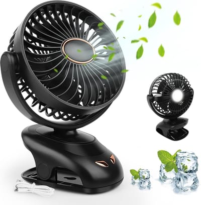 3 in 1 - Miniventilator - USB - Met clip - Kleine ventilator - Met licht - LED-display - 5 snelheden - Verstelbare windsnelheid - 90 graden rotatie, oplaadbaar, stil, geschikt voor thuis, kantoor, buiten (zwart)