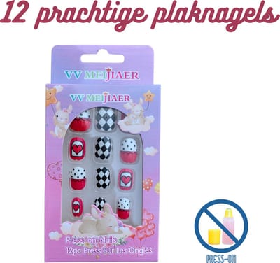 Plaknagels | 12 Nagels | Kinderen | Geen Lijm Nodig | Checkered Hearts
