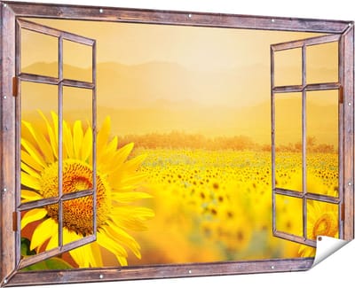 Gards Tuinposter Doorkijk Zonnebloemen Veld met Zonopkomst - 180x120 cm - Tuindoek - Tuindecoratie - Wanddecoratie buiten - Tuinschilderij