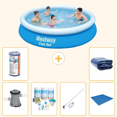 Bestway Rond Opblaasbaar Fast Set Zwembad - 366 x 76 cm - Blauw - Inclusief Pomp - Onderhoudspakket - Schoonmaakset - Grondzeil - Filter - Solarzeil - 7-delig