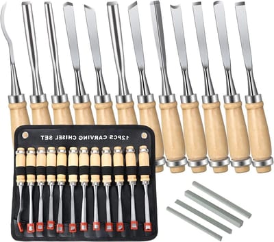 Houten Scharen Set van 12 Stukken, Houtgraveer Gereedschap, Houtsnijmes met Houten Handvat en Rol, Perfect voor Beginners, Beeldhouwers en Houtbewerkers