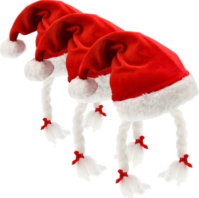 Kerstmuts - 3 Stuks Kerstcadeau - Kerstkleding 42x30 cm - Omtrek 61 cm - Rode Kerstmuts met Staart & Vlechten - Velvet Kerstmuts