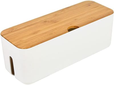 Kabelorganiser met Bamboe Deksel, Opruimdoos voor Stopcontacten en Elektrische Kabels voor TV's, Computers en Bureau's (Wit)