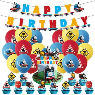 Benodigdheden voor een treinverjaardagsfeestje zijn onder meer een taarttopper, een banner en ballonnen