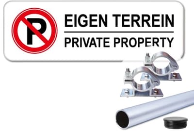 Parkeerbord Eigen Terrein - Private Property - Weerbestendig Aluminium - 40x15 cm - Bevestiging: Met paal 120 cm + paalbeugels + paaldop