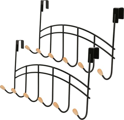 Zeller Deur kapstok - 2x - zwart - 6 haken - 41 cm - kastdeur kapstok - metaal/hout