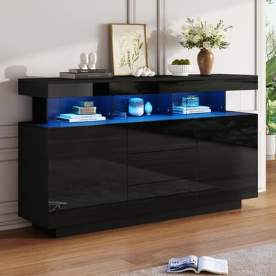 MODFU Sideboard - Hoogglans Met LED-Verlichting - Minimalistisch - Voor Woonkamer Of Eetkamer - Spaanplaat En Acryl - Zwart - 140 x 35 x 80 cm