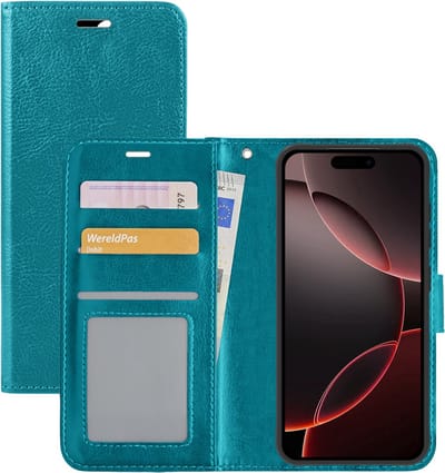 Hoesje - Met Pasjeshouder - Geschikt voor Apple iPhone 16 Pro - Luxe Bookcase Portemonee - Flip Case - Kunstleer Book Case - Flipcase - Book Cover - Walletcase - Portemonneehoes - Turquoise