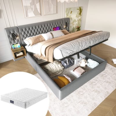 Gutent-Gestoffeerd bed 160x200 cm-hydraulisch opbergbed-tweepersoonsbed met 2 nachtkastjes-grijs-fluweel (met matras)