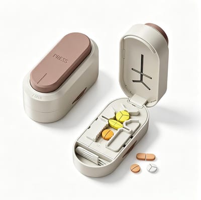 Pillensnijder met Pillendoosje - Multifunctionele pillensnijder - Geschikt voor alle pilvormen - Stevig en duurzaam - Drukknopbediening - Crème koffiekleur - 1 stuk